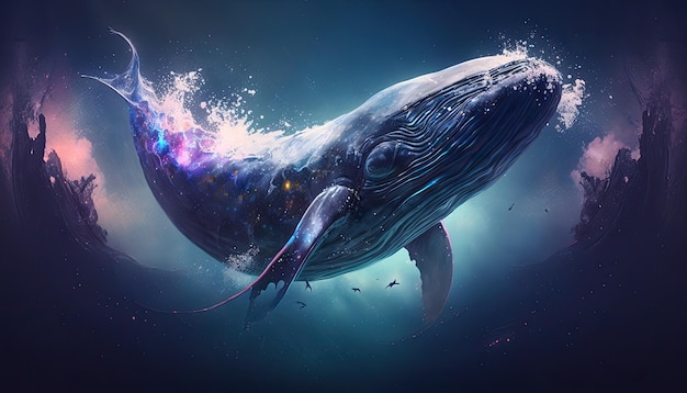 Foto ballena espacial en el espacio criatura divina asombro cósmico inspirador ilustración digital de ensueño generativo ai