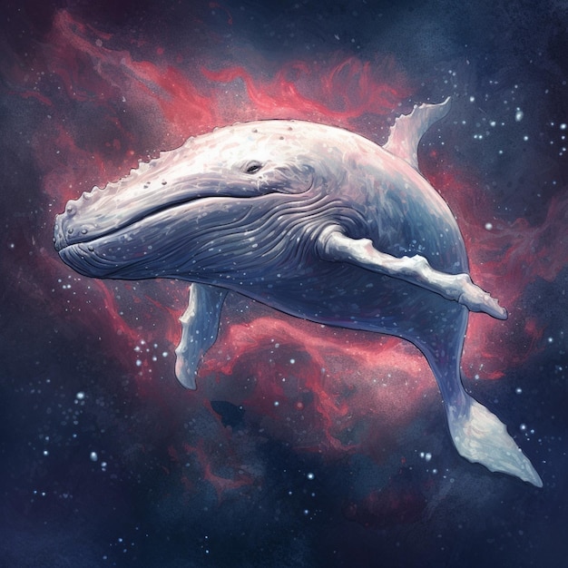Una ballena en el espacio con un fondo rosa.