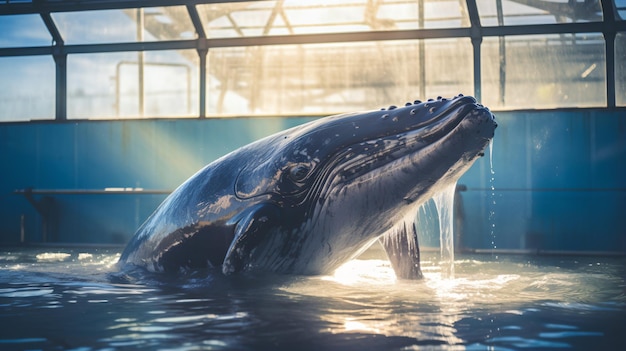 una ballena está en el agua con la boca abierta