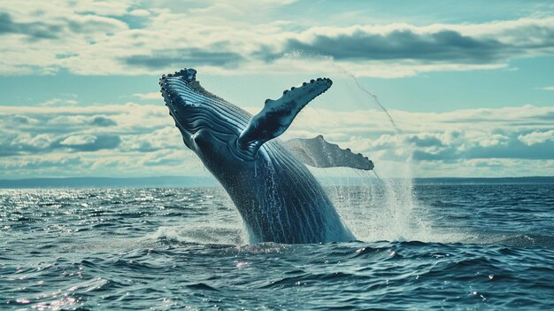 La ballena está cayendo sobre su espalda y rociando agua en el aire de cerca Generative Ai