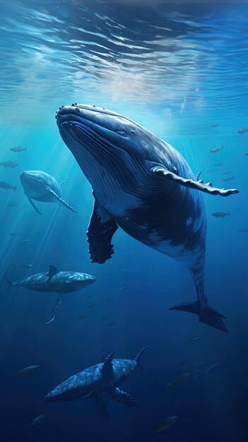 una ballena está nadando en el agua con una ballena en el fondo