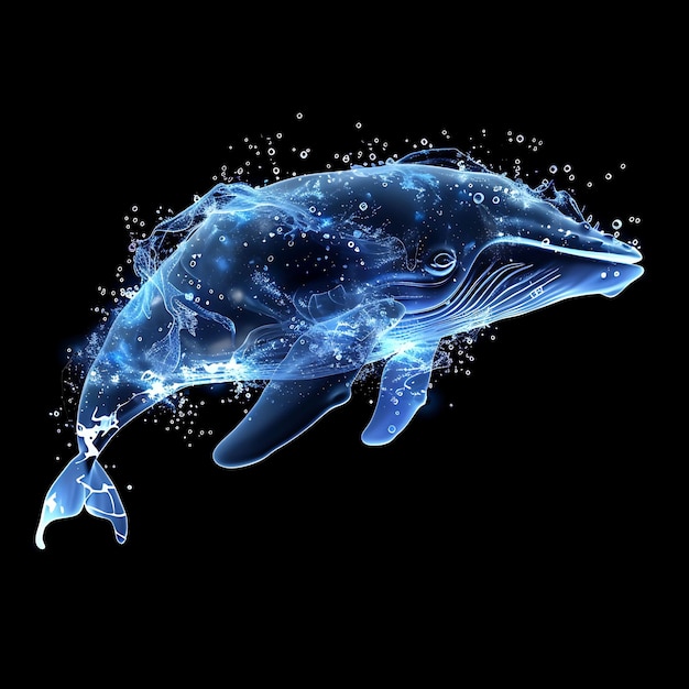 Ballena formada en material oceánico semitransparente con arte de fondo azul Li Concepto de brillo Y2K