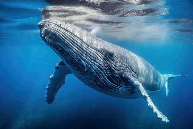 Ballena jorobada joven en agua azul