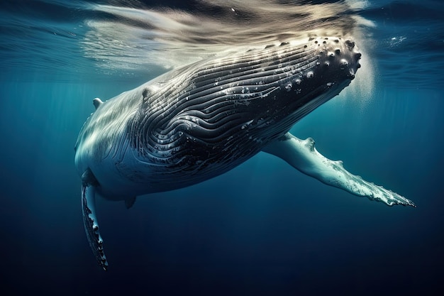 Ballena jorobada en el océano azul profundo Representación 3D Ballena jorobada bajo el agua en el Caribe Generada por IA