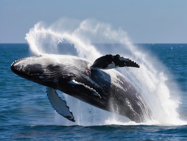 Una ballena jorobada salta del agua para bucear en busca de comida.