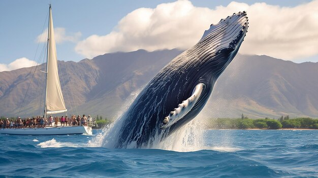 Foto la ballena jorobada saltando cerca de un barco lleno de turistas mostrando su majestuoso tamaño