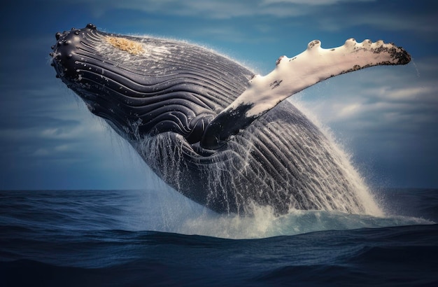 Ballena jorobada saltando fuera del agua La ballena está rociando agua y lista para caer de espaldas IA generativa