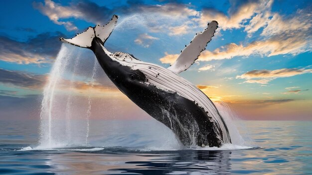 Foto la ballena jorobada está saltando fuera del agua.