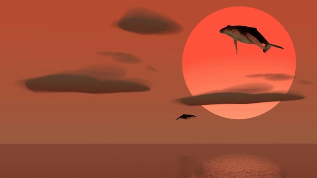 Ballena jorobada voladora sobre el mar al atardecer (Representación 3D)