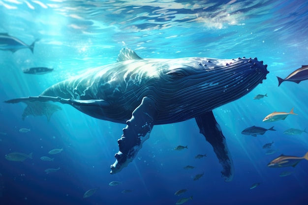 Una ballena juega cerca de la superficie en agua azul generada por la IA