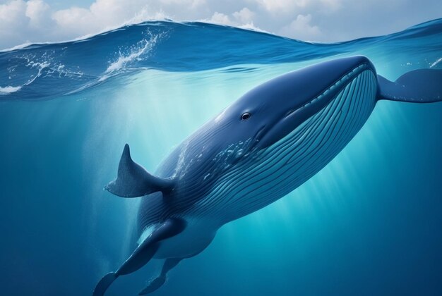 Una ballena nadando bajo el agua en el mar azul profundo