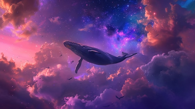 La ballena nadando en el cielo estrellado púrpura