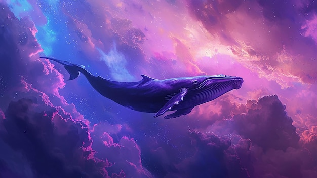 La ballena nadando en el cielo estrellado púrpura