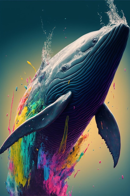 Una ballena con pintura de arco iris en su cara