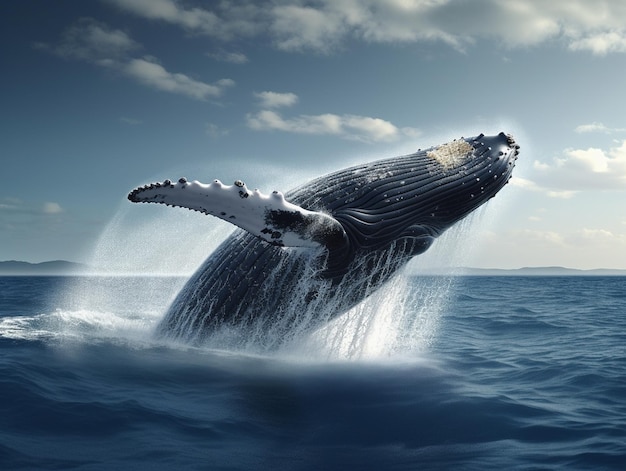 Una ballena salta del agua frente a un cielo nublado.