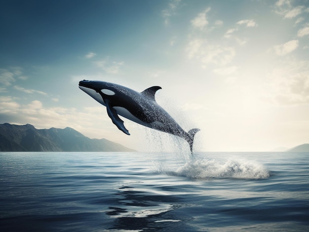 Una ballena salta del agua frente a una montaña.