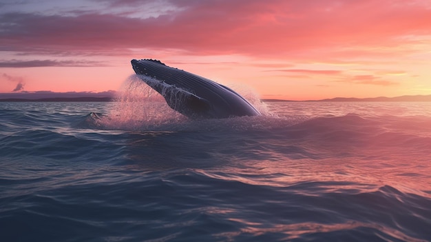 Una ballena salta del agua en los rayos del sol al atardecer en el océano Piscis