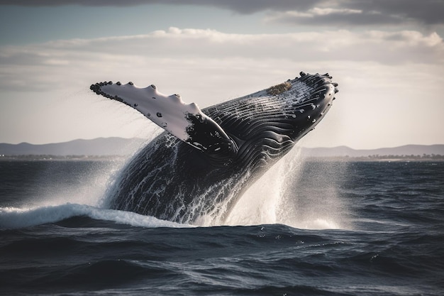 Una ballena salta fuera del agua en el océano.