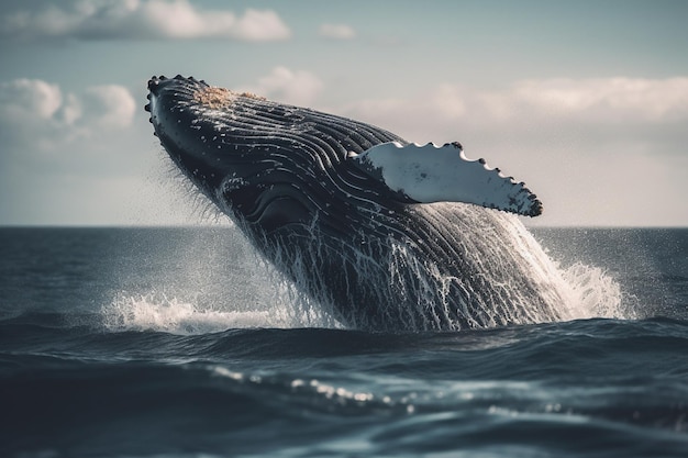 Una ballena salta fuera del agua en el océano.