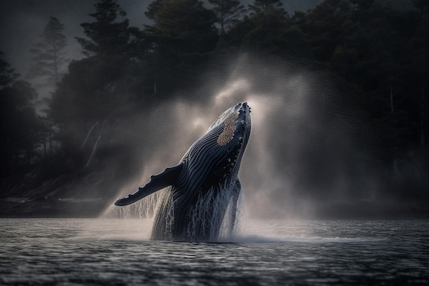 Una ballena salta fuera del agua en la oscuridad.