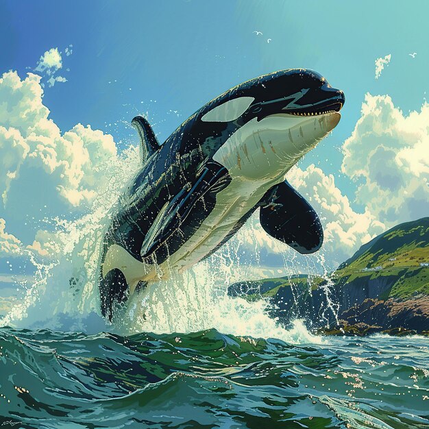 Foto una ballena saltando fuera del agua con el cielo en el fondo