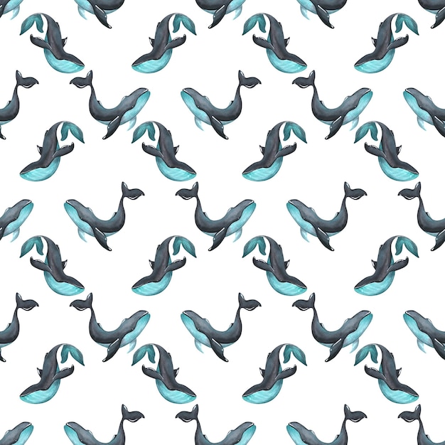 Ballenas azules y negras sobre un fondo blanco Ilustración de acuarela Patrón sin costuras de un gran conjunto de BALLENAS Para textiles telas papel tapiz papel de regalo ropa de cama accesorios de ropa