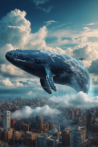 Las ballenas volando sobre el entorno de fantasía de la ciudad