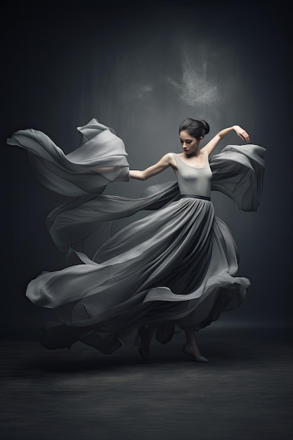 Ballerina, die mit Seidenstoff tanzt Moderne Balletttänzerin in flatterndem, schwingendem Tuch Pointe Schuhe Grauer Hintergrund