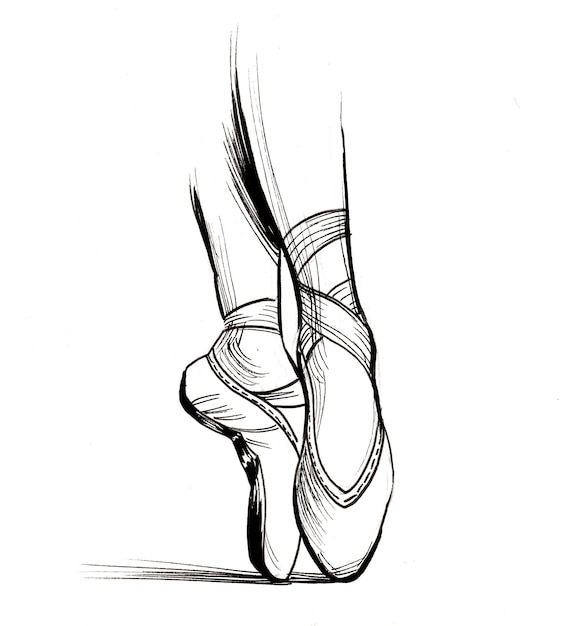 Ballerina-Füße. Tinte Schwarz-Weiß-Zeichnung