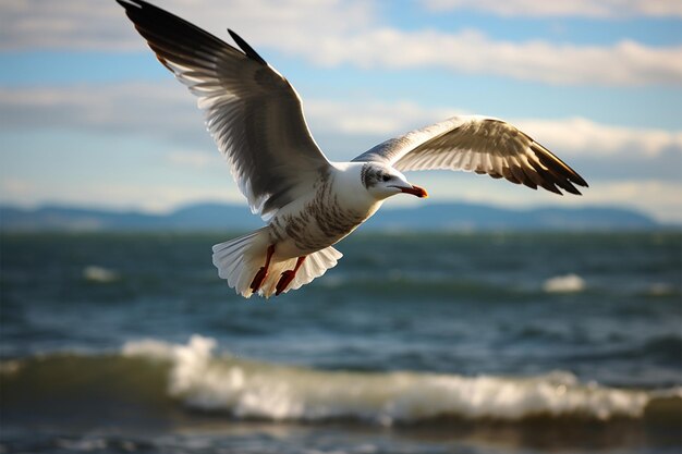 Ballet aéreo A gaivota desliza sobre o mar expansivo e sereno