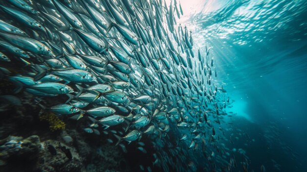 Foto el ballet submarino de los peces scad un mosaico fluido en un lienzo de azul la escuela moviéndose como un organismo ai generativo