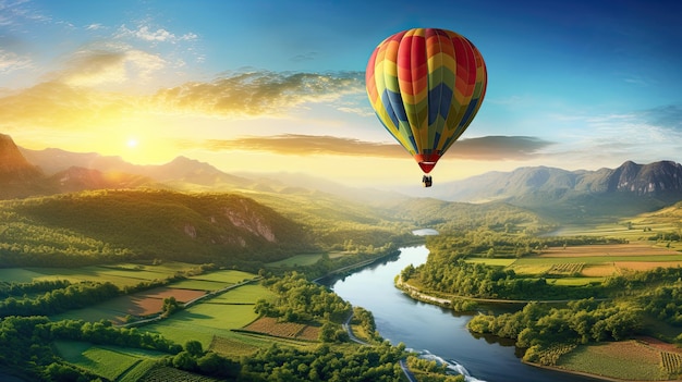 Ballon fliegt über Land mit Bergen, Flüssen und Wäldern, wunderschöne Landschaft bei Sonnenuntergang mit Bl