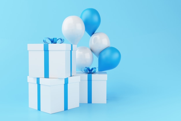 Ballone 3d und Geschenkboxen auf blauem Hintergrund.