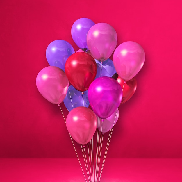 Ballons bündeln sich an einer rosa Wand. 3D-Darstellung rendern