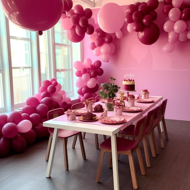 Ballons hängen von der Decke über einem Tisch mit rosa Tellern und rosa Stühlen.