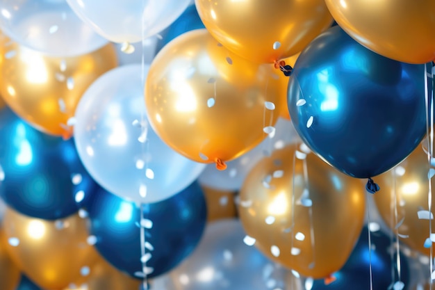 Foto ballons hintergrund dekoration goldener und blauer ballons hintergrund mit konfetti und bokeh hintergründe ai generiert