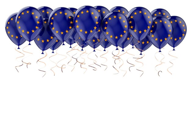 Foto ballons mit 3d-rendering der eu-flagge auf weißem hintergrund