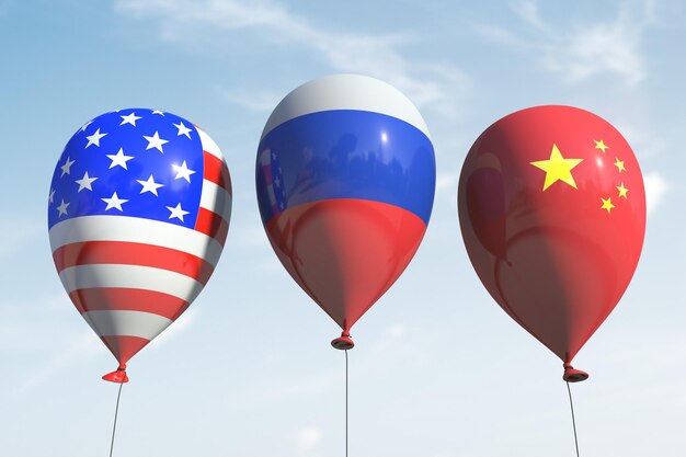 Ballons mit den amerikanischen russischen und chinesischen Symbolen