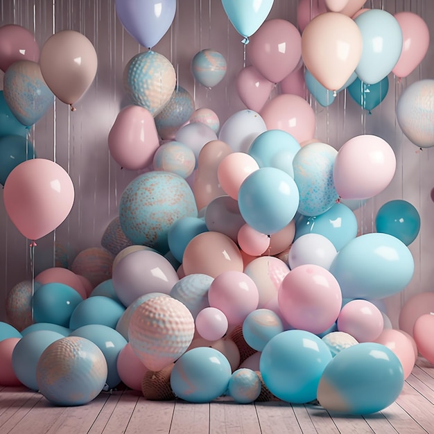 Ballons schweben in der Luft in einem Raum mit generativer KI auf Holzboden