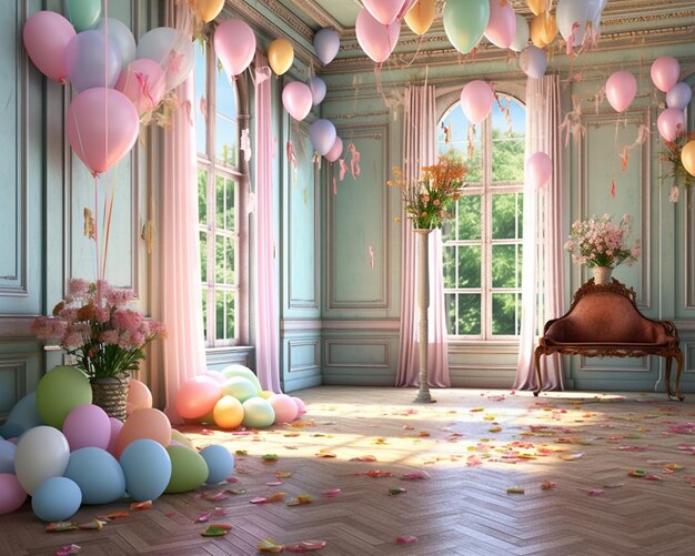 Ballons schwimmen in der Luft in einem Raum mit einem Klavier
