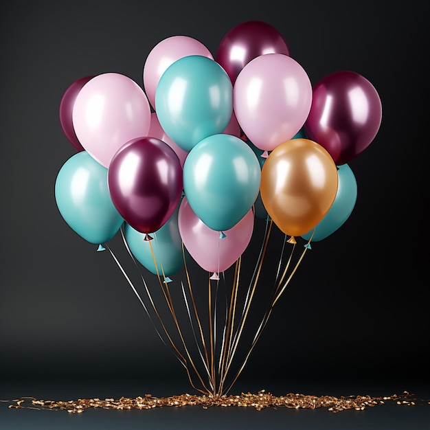 Ballons sind in der Luft mit goldenen und rosa Ballons generativ ai