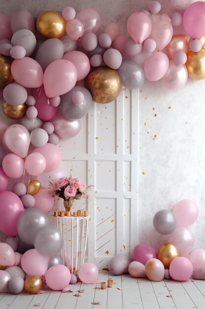 Ballons und Blumen sind in einem Raum mit einer weißen Tür angeordnet