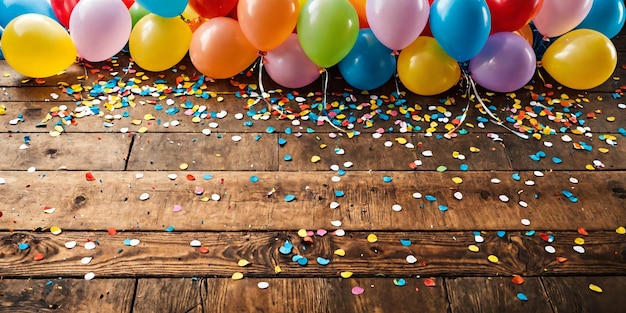 Foto ballons und konfetti auf dem holzboden