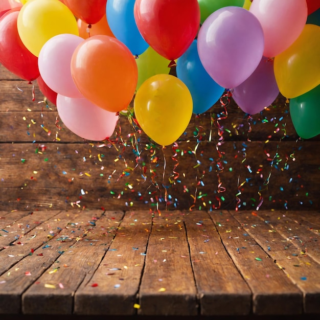 Foto ballons und konfetti auf dem holzboden