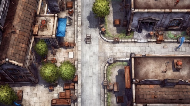 Ballungsraum-Battlemap für kleine Stadtstraße mit Marktplatz