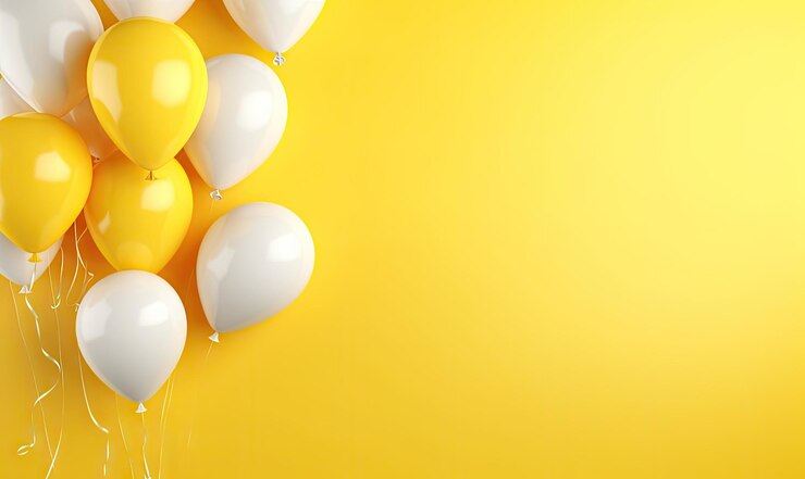 Foto balões amarelos e bege vibrantes criam uma cena de celebração animada contra um fundo amarelo ensolarado