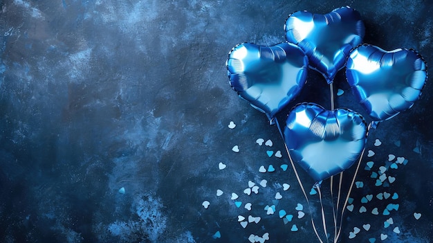 Balões azuis generativos AI Foil em forma de coração e confetes para o dia dos namorados ou casamento com cópia spacex9xA