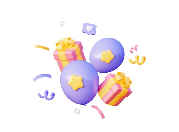 Foto balões azuis voadores com presentes cor de rosa e um laço amarelo elementos para saudações de aniversário ilustração de renderização 3d isolada em um fundo branco