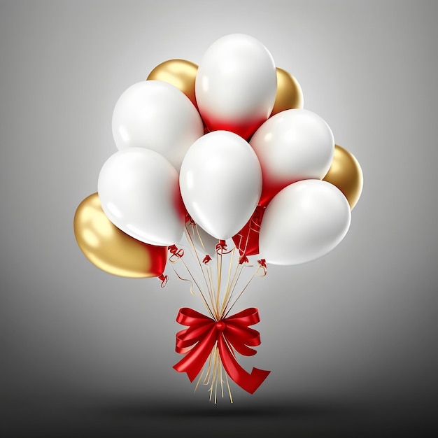 Balões brilhantes de renderização 3d amarrados com fita vermelha