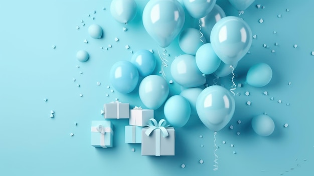Foto balões caixas de presente e confete em tons azuis com espaço de cópia